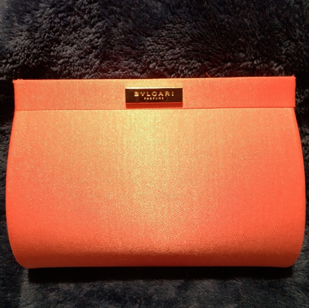 NWOT Authentic Bvlgari Parfums Framed Clutch Evening Bag in Coral Satin